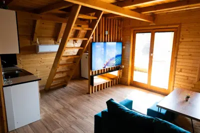 a living room with a large screen in a log cabin at Peace of mind in Visoko