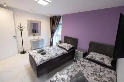 a bedroom with two beds and a mirror at Villa Mermaid of Una in Bihać
