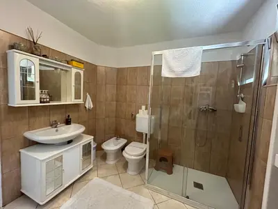 a bathroom with a shower and a toilet and a sink at Soko holiday home Bihac in Bihać