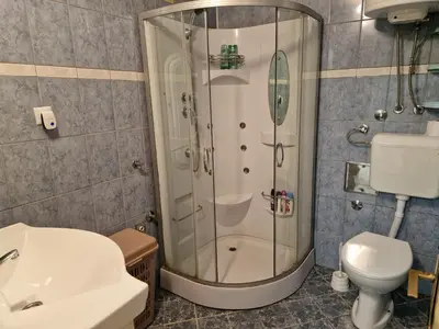 a bathroom with a shower and a toilet and a sink at Apartman Lana in Bosanski Novi