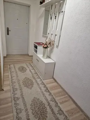 a hallway with a rug and a white door and a table with a plant at Apartman Lana in Bosanski Novi