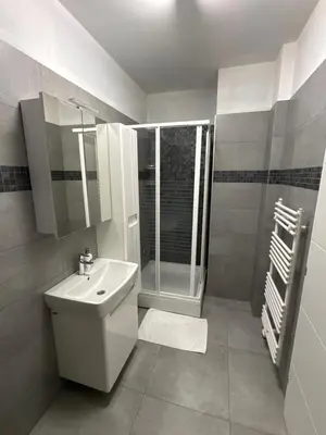 a white bathroom with a sink and a shower at XL Apartman in Teslić
