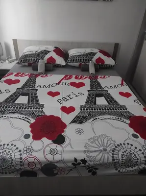 a bed with a blanket with the eiffel tower on it at Lavanda in Livno