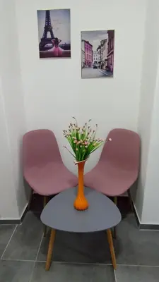 two pink chairs and a vase with flowers on a table at Elita Prenoćište in Bihać