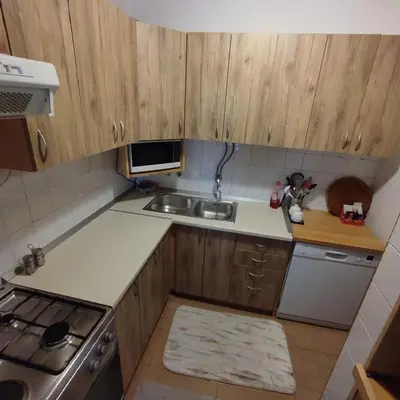 a small kitchen with wooden cabinets and a sink at Apartment Wolf in Novi Travnik