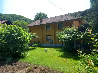 a yellow house with a dog sitting in the yard at Apartman Dujaković in Banja Vrućica