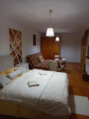 a bedroom with a large bed and a couch at Apartman Dujaković in Banja Vrućica