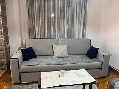 a living room with a gray couch with blue pillows at Studio apartman NINA in Bihać