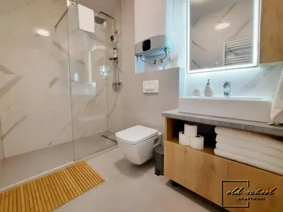 a bathroom with a shower and a toilet and a sink at Old School Apartments in Banja Luka