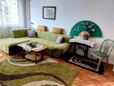 a living room with a green couch and a table at Stan na dan Novi Grad in Bosanski Novi