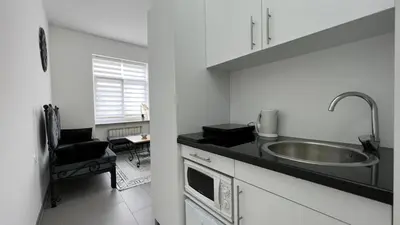 a kitchen with a sink and a microwave at Apartmani Aurora in Tuzla