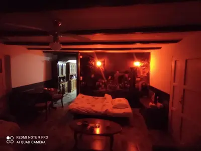 a dark living room with a couch and a table at Home of nature - kuća prirode in Odžak
