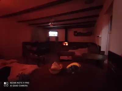a dark room with a couch and a living room at Home of nature - kuća prirode in Odžak
