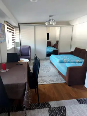 a bedroom with a bed and a couch and a table at Indy in Travnik
