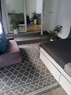a bedroom with a bed and a couch and a mirror at Garden- pool apartman in Petrovice Donje