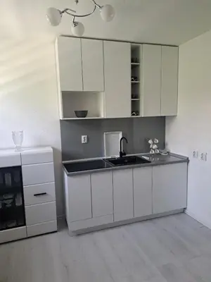 a kitchen with white cabinets and a sink at Garden- pool apartman in Petrovice Donje