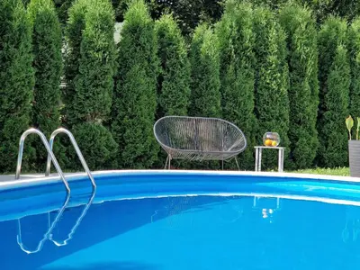 a chair sitting next to a swimming pool with trees at Vikendica Konstantin Slatina-Banja Luka in Laktaši