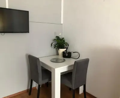 a white table with two chairs and a plant on it at Sobe kod bolnice Paprikovac in Banja Luka