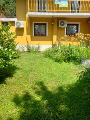 a yellow house with a yard with grass at Soba Dujaković in Banja Vrućica