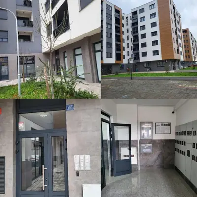 a series of four pictures of a building at Apartman Paradiso in Banja Luka
