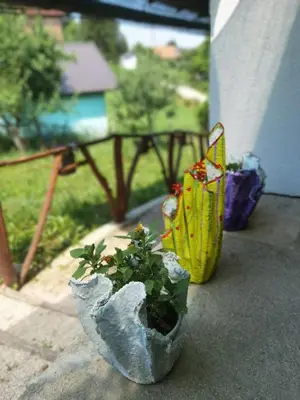 a plant in a pot sitting next to two umbrellas at Ravne Konak in Visoko