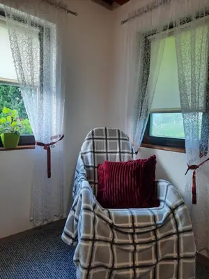 a living room with a chair and two windows at Ravne Konak in Visoko