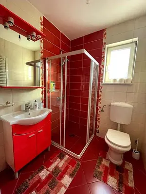 a bathroom with a shower and a toilet and a sink at Haus mit großen Garten in Modriča