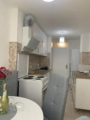 a kitchen with a white stove top oven next to a table at Apartman Nova Varos in Banja Luka