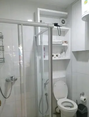 a bathroom with a shower and a toilet at Apartman 
