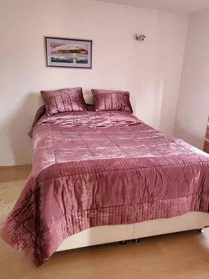 a bed with a purple comforter in a bedroom at Vila Zvizdic- apartman in Ilijaš
