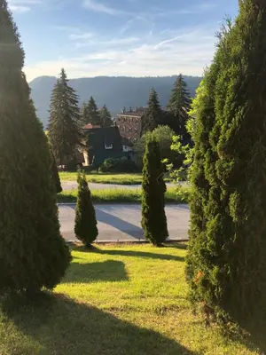 a view of a garden with trees and a house at Apartment Blue Eko Fis Vlašić in Vlasic