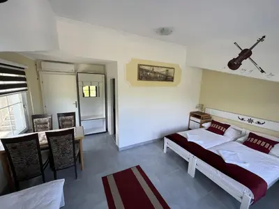 a bedroom with a bed and a table with a guitar on the wall at Hotel Neron Bihać in Lohovo