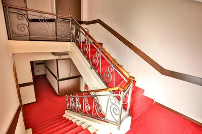 an overhead view of a staircase with red carpet at Boutique Hotel Golden Star in Tuzla