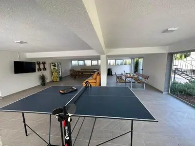a ping pong table in the middle of a living room at Summer Residence Una in Bihać