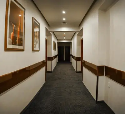 a corridor of a hospital hallway with a hallway at Hotel Laktaši in Laktaši