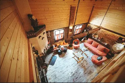 an overhead view of a living room in a log cabin at Villa FORESTA in Banja Luka
