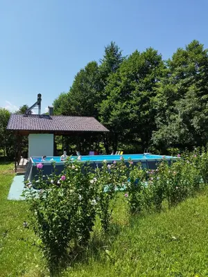 a house with a pool and a gazebo with flowers at Kuća u šumi - Forest house near National park Una - Air Spa Lohovo in Bihać