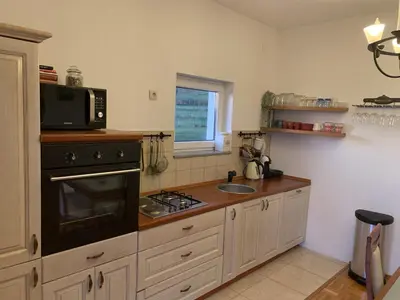 a kitchen with a stove and a sink and a microwave at Rosa Canina Kupres in Kupres