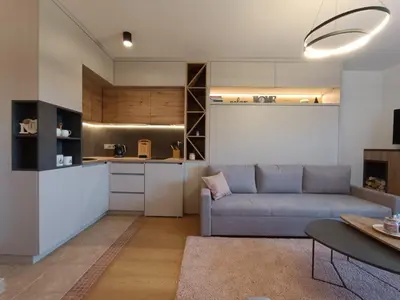 a living room with a couch and a kitchen at Vlašićka ruža Eko FIS 303 in Vlasic