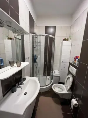 a bathroom with a shower and a toilet and a sink at Unas apartment in Bihać