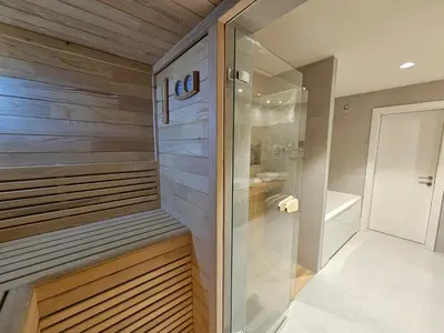 a walk in shower in a bathroom with wooden walls at Hotel ETNA in Gračanica