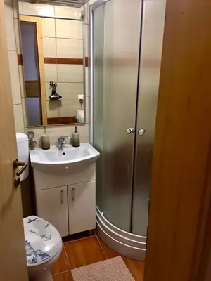 a bathroom with a shower and a sink and a toilet at Vikendica RAJ in Travnik