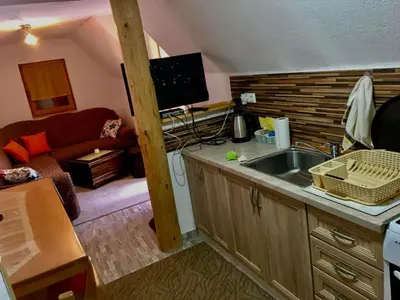 a kitchen with a sink and a living room with a couch at Vikendica RAJ in Travnik