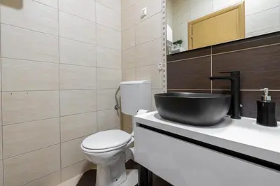 a bathroom with a black sink and a toilet at Madonna Sky in Kupres