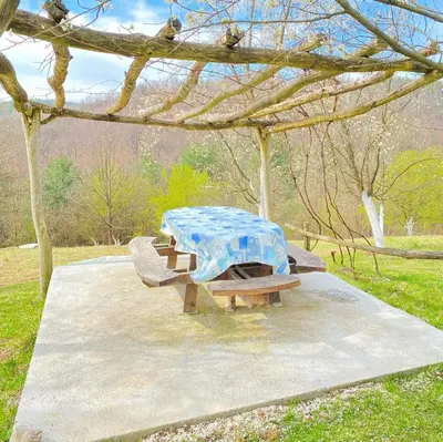 a picnic table and two benches in a park at Vikend na Ozrenu in Bosansko Petrovo Selo