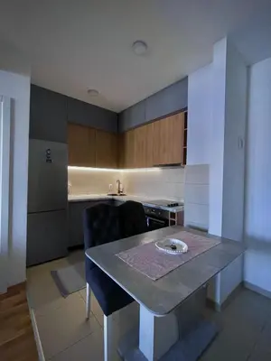 a kitchen with a table and chairs in a kitchen at APARTMAN MASA in Banja Luka