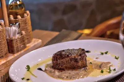 a white plate with a piece of meat on a table at Bijele Vode spa&nature hotel in Prijedor