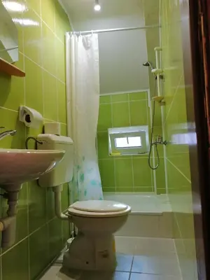 a green bathroom with a toilet and a sink at Apartman LELI in Kupres
