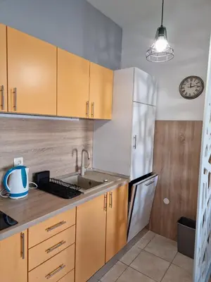 a kitchen with wooden cabinets and a stainless steel refrigerator at Apartman Divine in Banja Luka