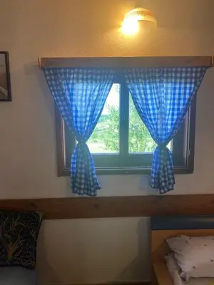 a window with blue curtains in a bedroom at Farma 2 in Cazin